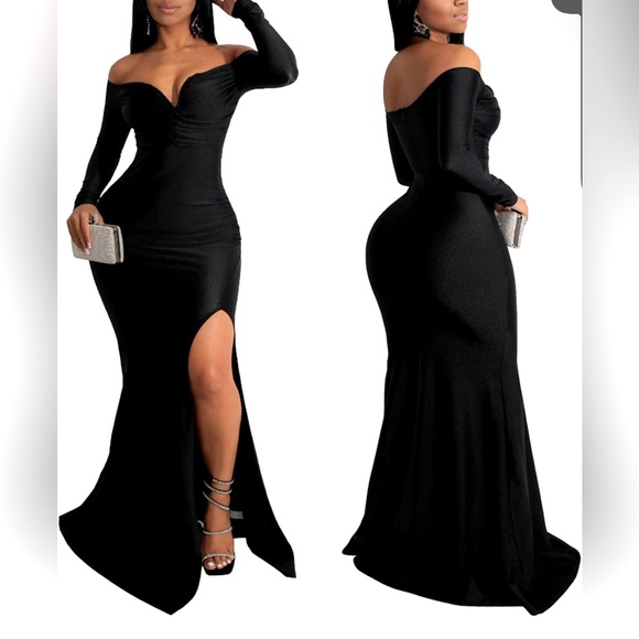 Women's Sexy Formal Dresses Off The Shoulder Long Sleeve High Split Gown - Picture 1 of 3